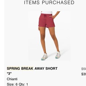 Lululemon Spring Break Away Short 3” Chianti